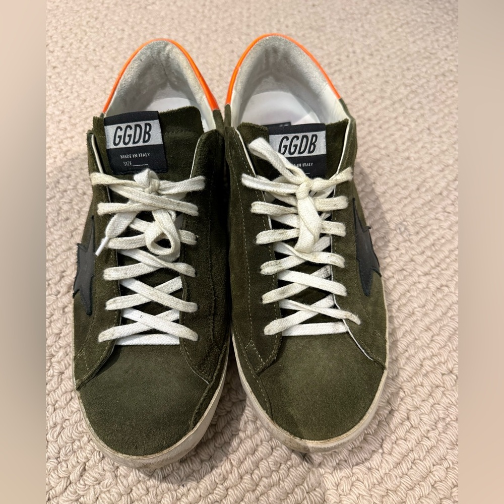 Golden Goose Superstar Green Suede Low-Top Sneakers with Orange Heel Accent